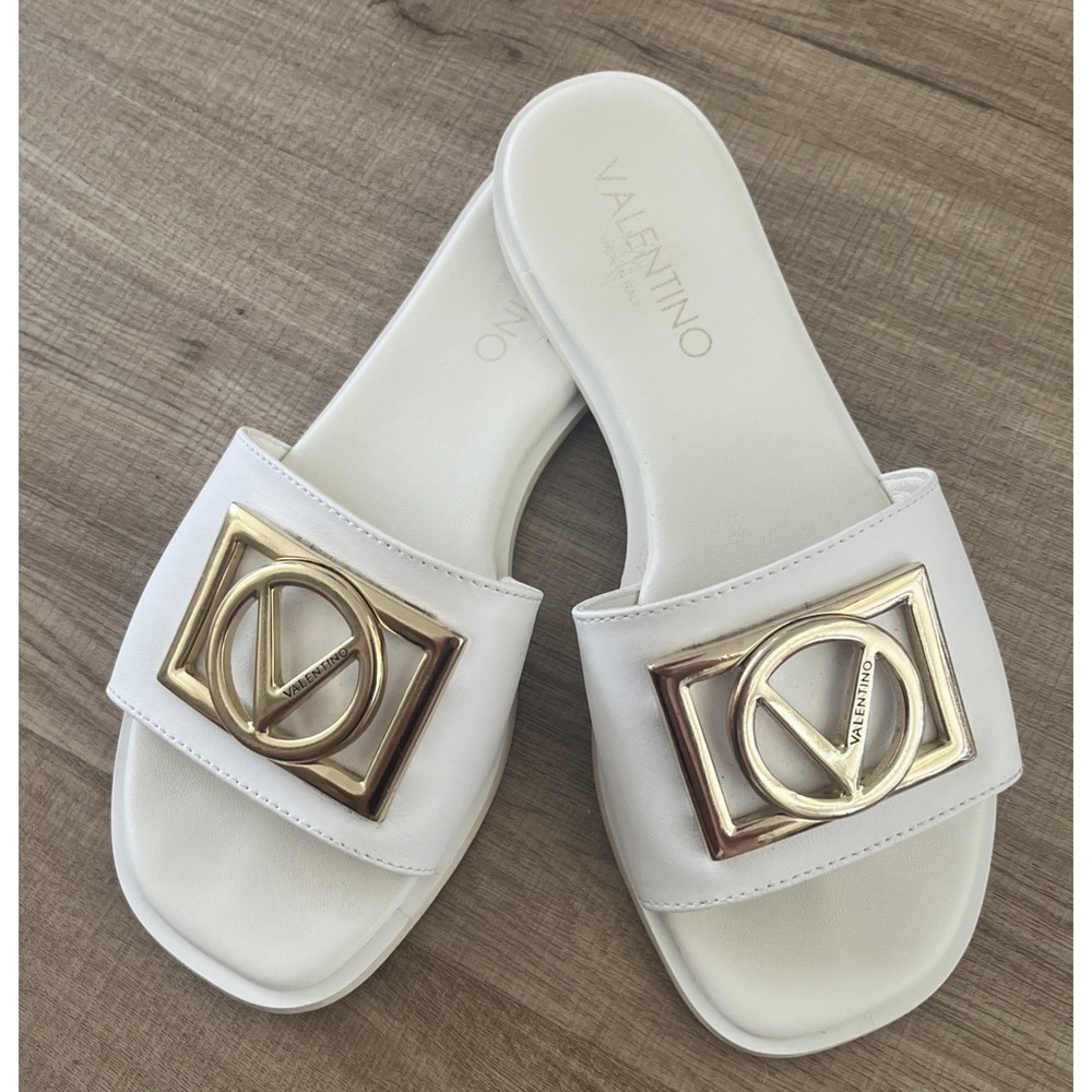 Valentino By Mario Valentino MIA VLOGO Leather Slide Sandals White Sz 7